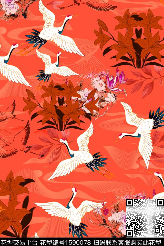 仙鹤水彩花卉花鸟数码印花花型下载（图片编号: 1590078） - 瓦栏（Walan）