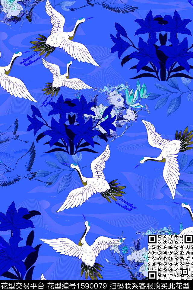 仙鹤水彩花卉花鸟数码印花花型下载（图片编号: 1590079） - 瓦栏（Walan）