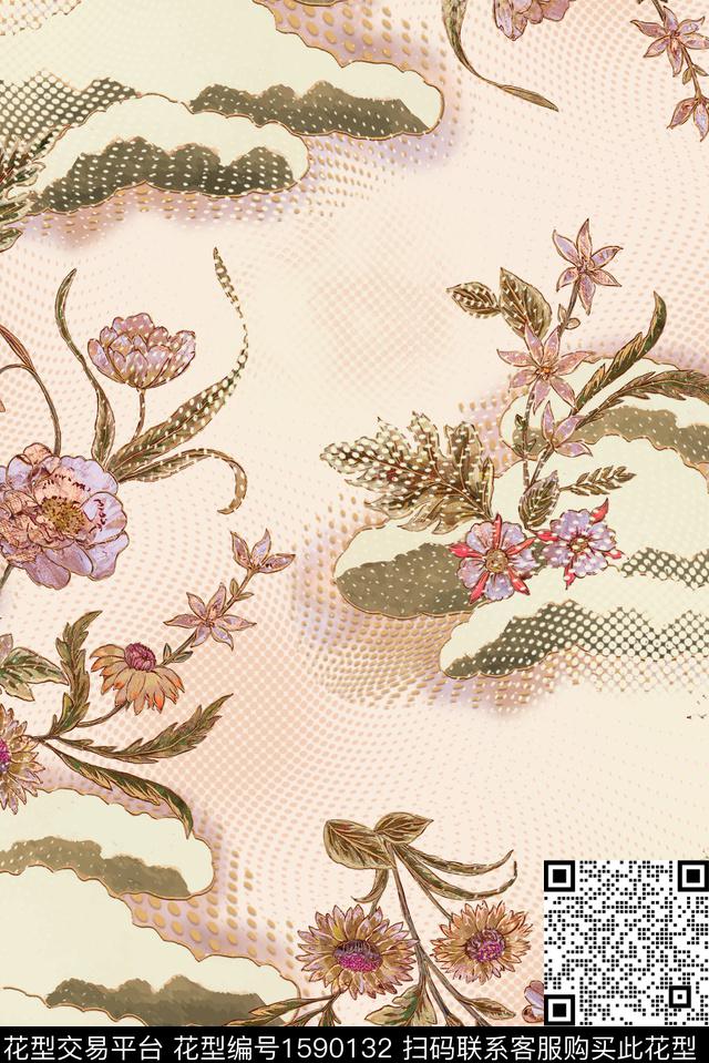 花卉复古中国风数码印花花型下载（图片编号: 1590132） - 瓦栏（Walan）