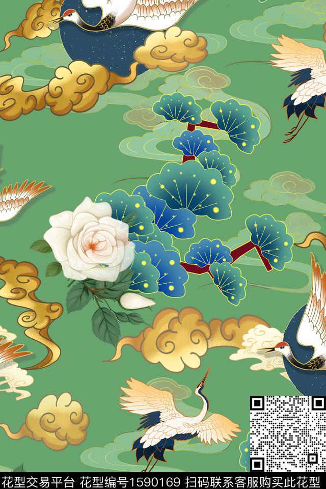 仙鹤花卉祥云数码印花花型下载（图片编号: 1590169） - 瓦栏（Walan）