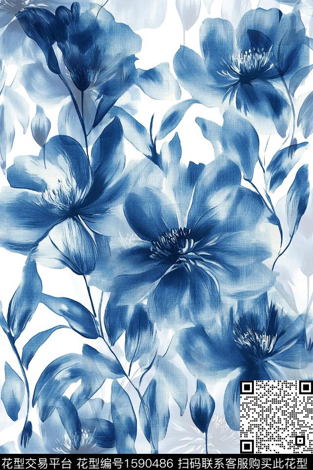 影花花卉水彩花卉数码印花花型下载（图片编号: 1590486） - 瓦栏（Walan）
