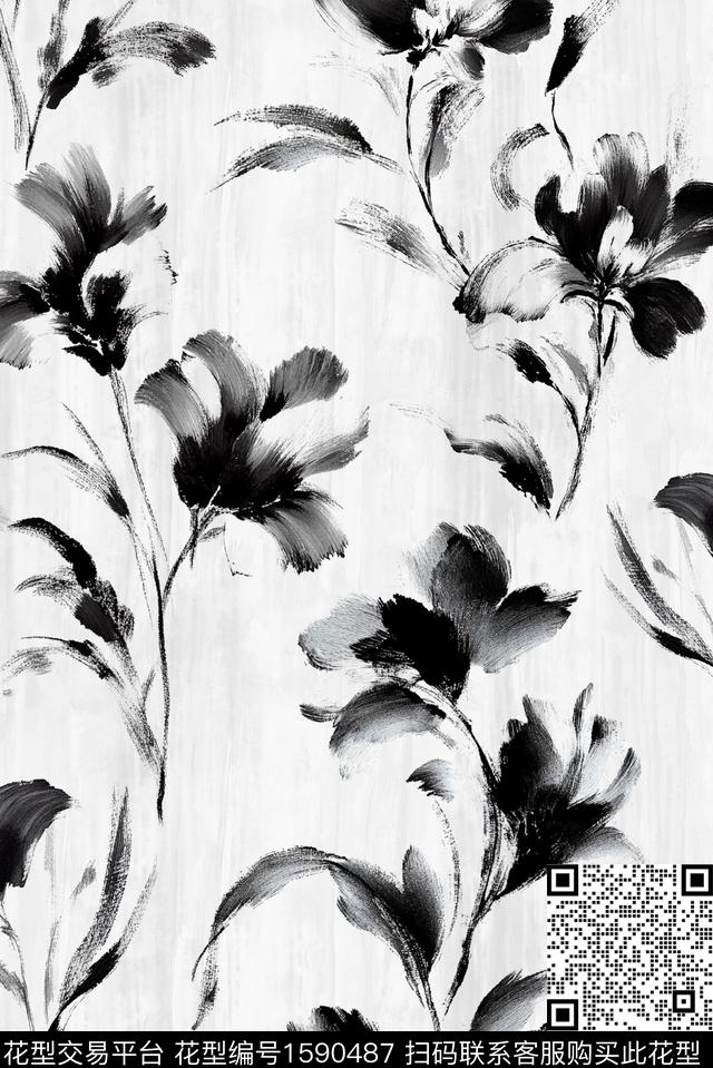 花卉水墨风水彩花卉数码印花花型下载（图片编号: 1590487） - 瓦栏（Walan）