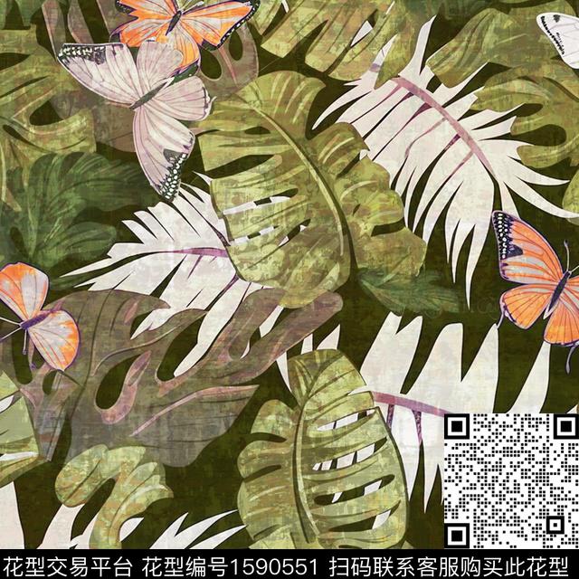 热带绿植树叶蝴蝶数码印花花型下载（图片编号: 1590551） - 瓦栏（Walan）