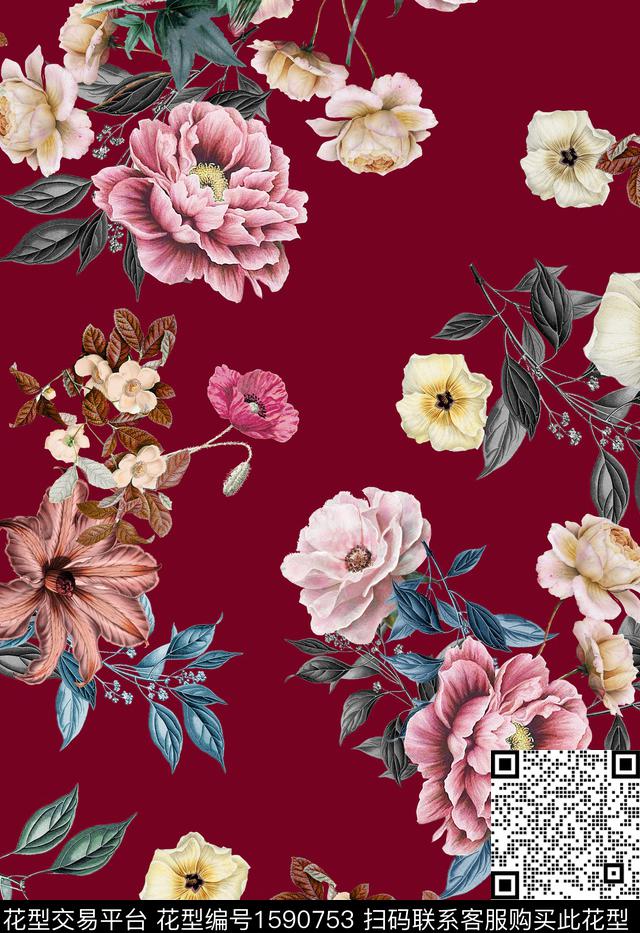 花卉复古酒红数码印花花型下载（图片编号: 1590753） - 瓦栏（Walan）