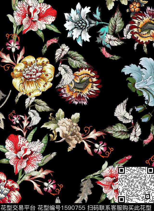 花卉复古黑底花卉数码印花花型下载（图片编号: 1590755） - 瓦栏（Walan）