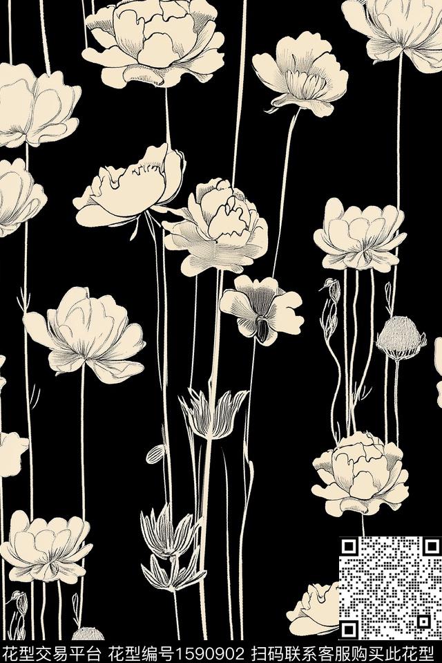 线条花卉黑底花卉数码印花花型下载（图片编号: 1590902） - 瓦栏（Walan）