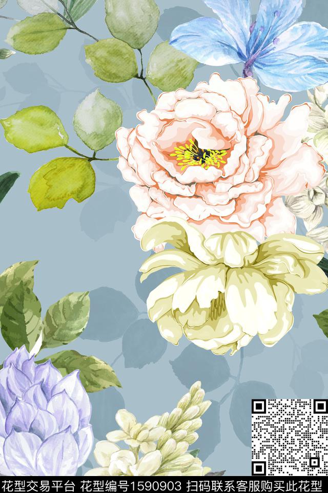 大花花卉春夏花型数码印花花型下载（图片编号: 1590903） - 瓦栏（Walan）