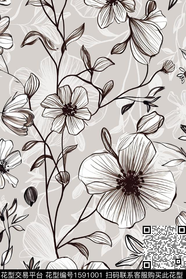 花卉线条花卉影花数码印花花型下载（图片编号: 1591001） - 瓦栏（Walan）