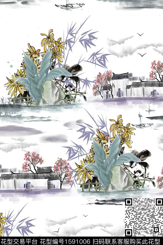 天空国画花卉数码印花花型下载（图片编号: 1591006） - 瓦栏（Walan）