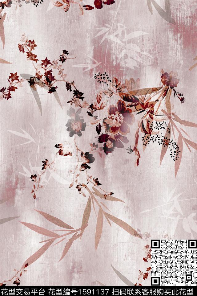 真丝花卉中国风数码印花花型下载（图片编号: 1591137） - 瓦栏（Walan）