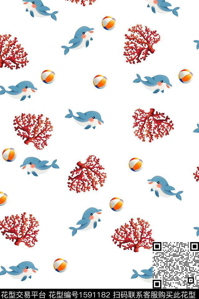 卡通动物珊瑚可爱数码印花花型下载（图片编号: 1591182） - 瓦栏（Walan）