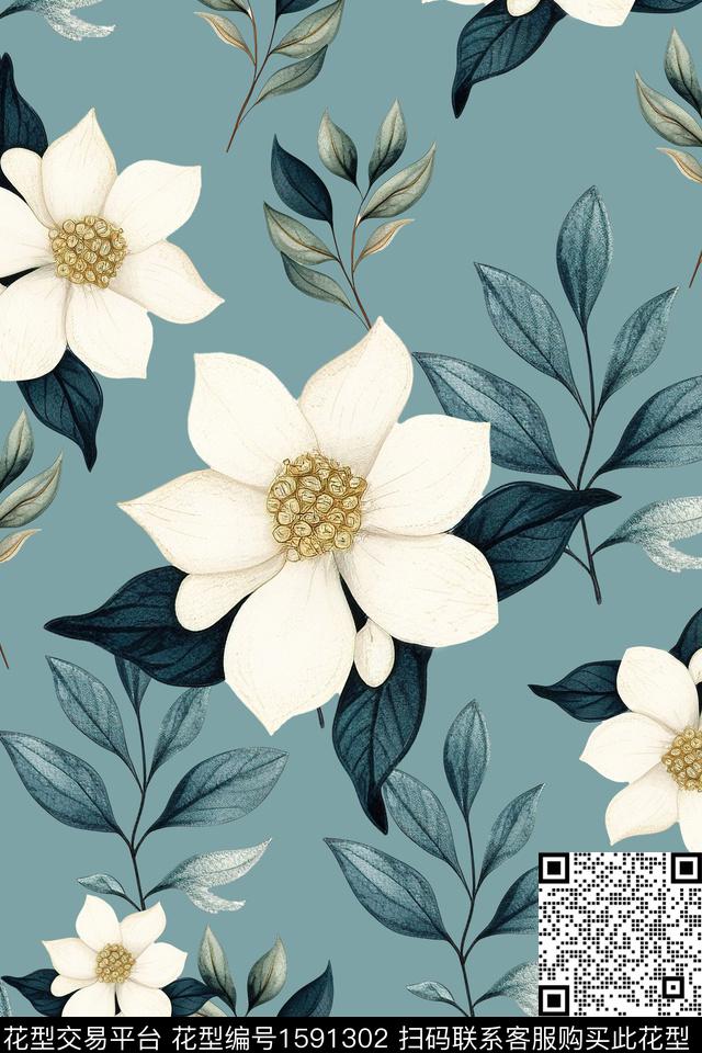 花卉水彩花卉绿植树叶数码印花花型下载（图片编号: 1591302） - 瓦栏（Walan）