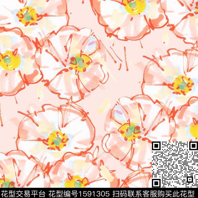 手绘花卉粉色系水彩花卉数码印花花型下载（图片编号: 1591305） - 瓦栏（Walan）