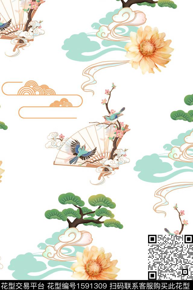 花卉扇子树数码印花花型下载（图片编号: 1591309） - 瓦栏（Walan）