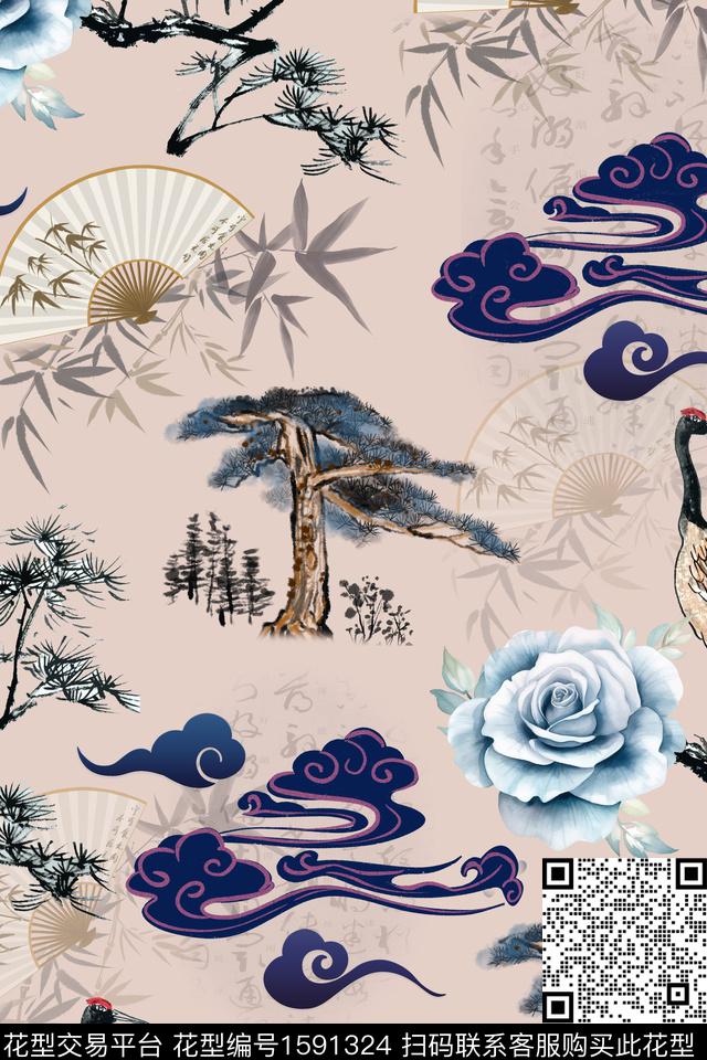 仙鹤树扇子数码印花花型下载（图片编号: 1591324） - 瓦栏（Walan）