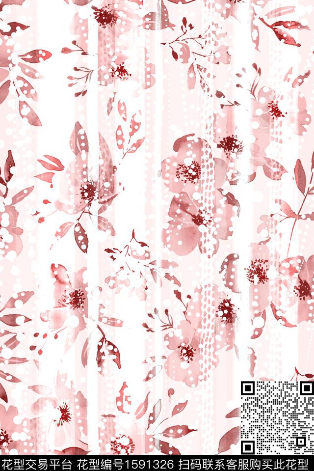 花卉条纹波点数码印花花型下载（图片编号: 1591326） - 瓦栏（Walan）