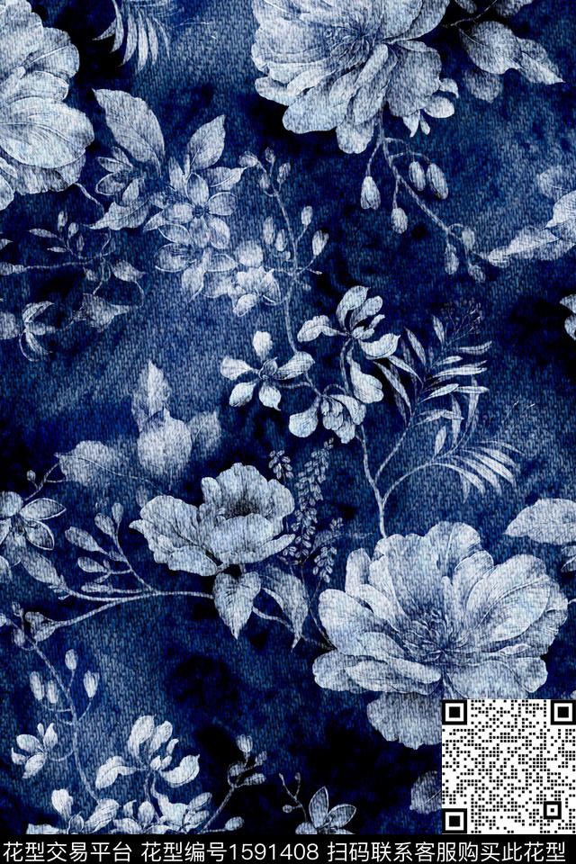 真丝花卉牛仔数码印花花型下载（图片编号: 1591408） - 瓦栏（Walan）