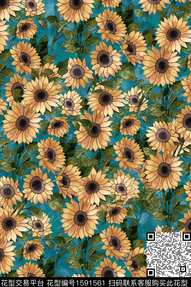 菊花花卉水彩花卉数码印花花型下载（图片编号: 1591561） - 瓦栏（Walan）