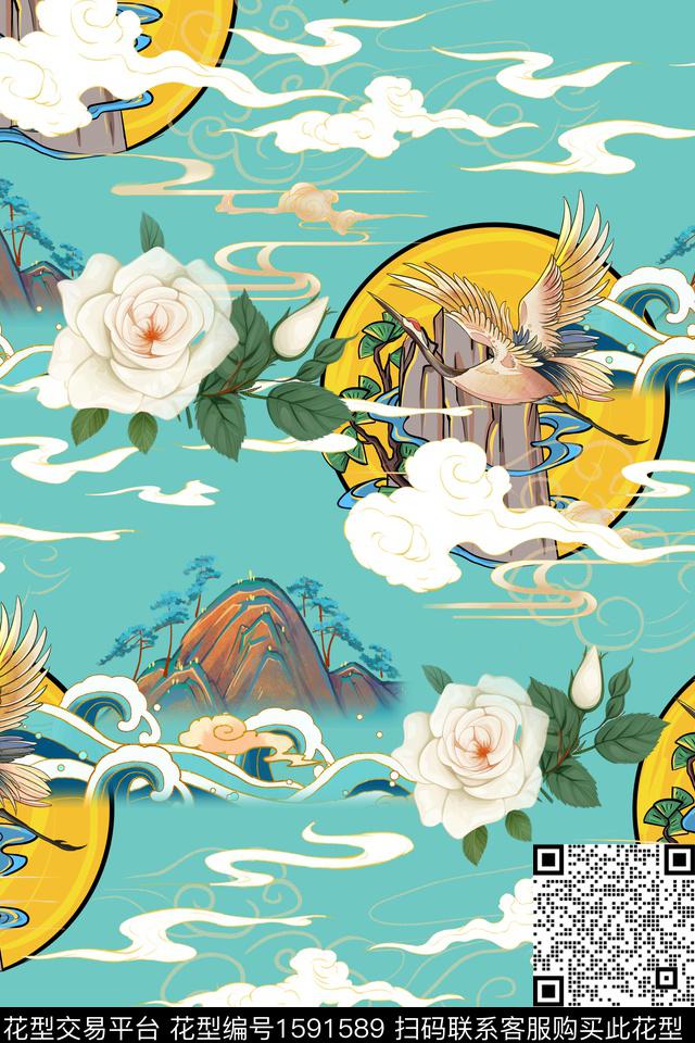 花卉仙鹤中国风数码印花花型下载（图片编号: 1591589） - 瓦栏（Walan）