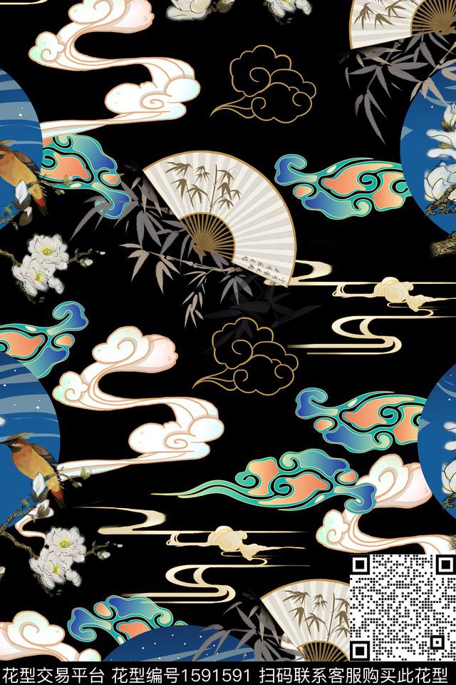 扇子竹子花鸟数码印花花型下载（图片编号: 1591591） - 瓦栏（Walan）