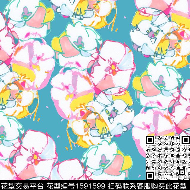 花卉抽象花卉水彩数码印花花型下载（图片编号: 1591599） - 瓦栏（Walan）