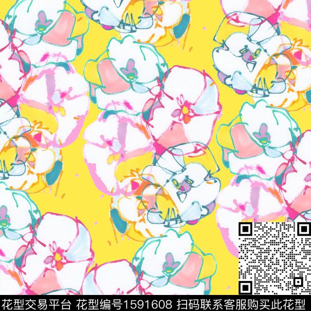 手绘大花抽象花卉彩虹色数码印花花型下载（图片编号: 1591608） - 瓦栏（Walan）