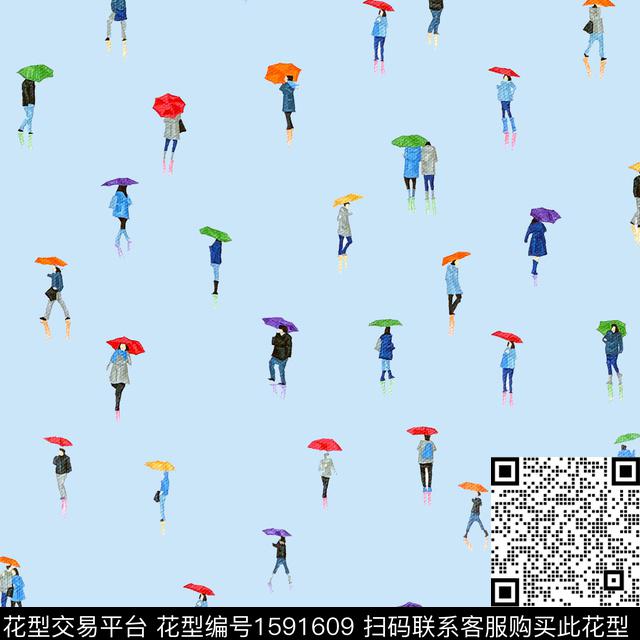 趣味人物雨伞数码印花花型下载（图片编号: 1591609） - 瓦栏（Walan）