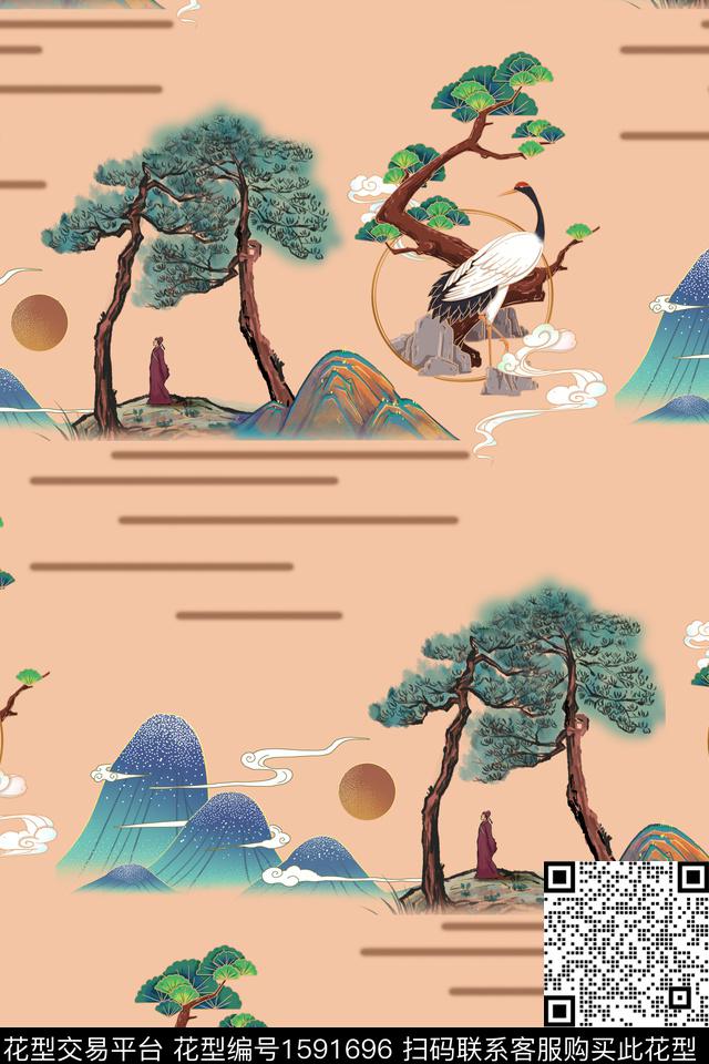 仙鹤祥云中国风数码印花花型下载（图片编号: 1591696） - 瓦栏（Walan）