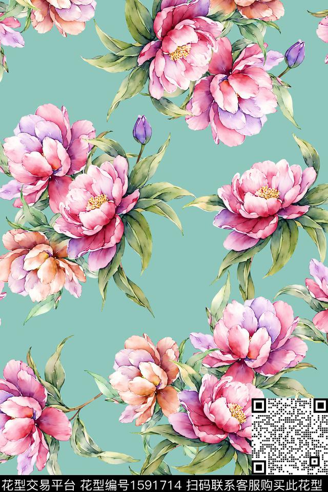 花卉水彩花卉纯色底花卉数码印花花型下载（图片编号: 1591714） - 瓦栏（Walan）