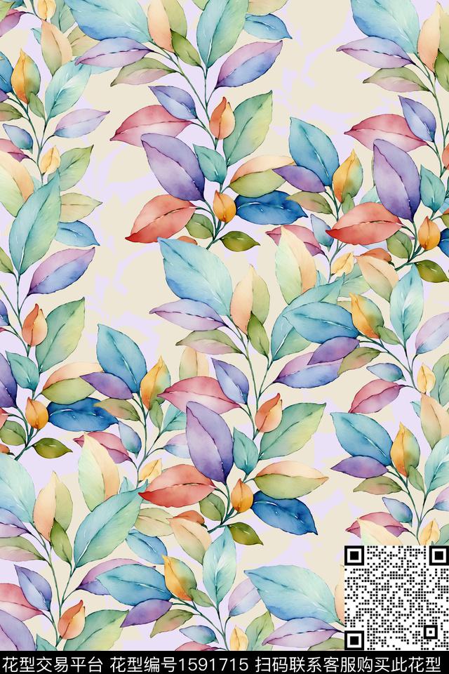 水彩手绘绿植树叶数码印花花型下载（图片编号: 1591715） - 瓦栏（Walan）