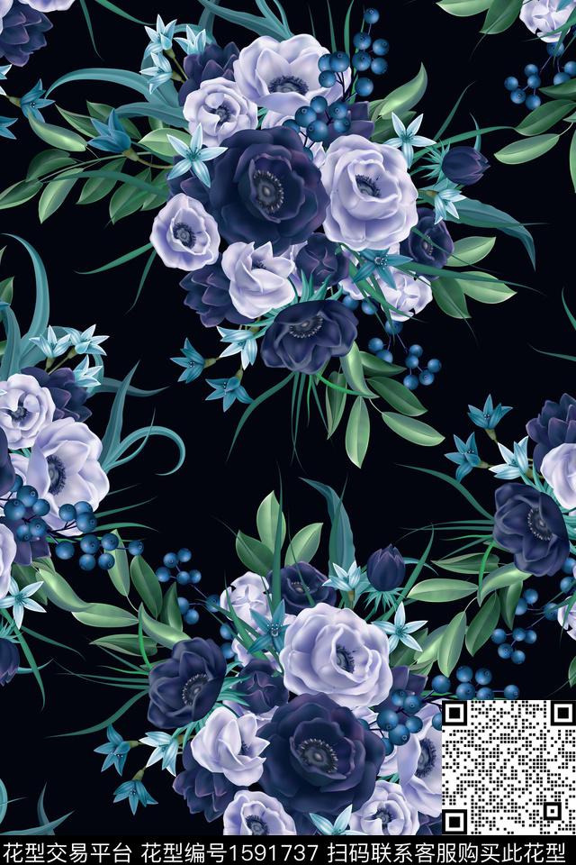 花卉女装黑底花卉数码印花花型下载（图片编号: 1591737） - 瓦栏（Walan）