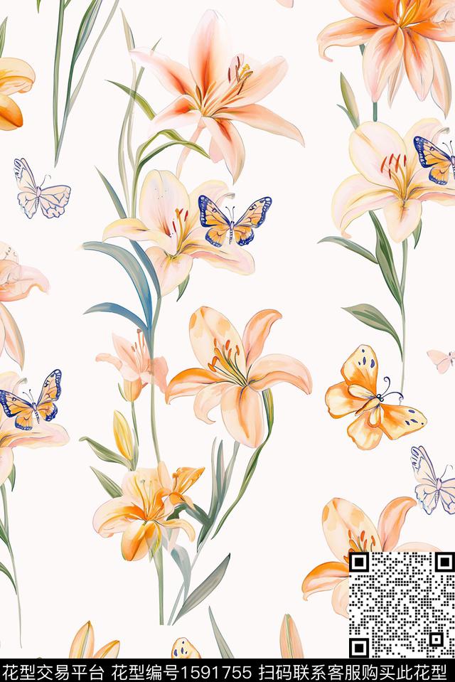 花卉水彩花卉蝴蝶数码印花花型下载（图片编号: 1591755） - 瓦栏（Walan）