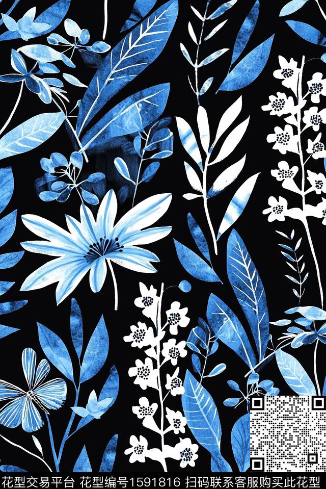 花卉水彩花卉黑底花卉数码印花花型下载（图片编号: 1591816） - 瓦栏（Walan）