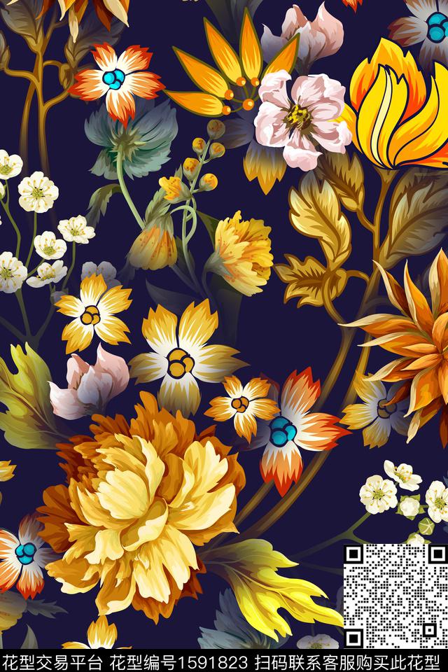 影花黑底花卉中老年花型数码印花花型下载（图片编号: 1591823） - 瓦栏（Walan）