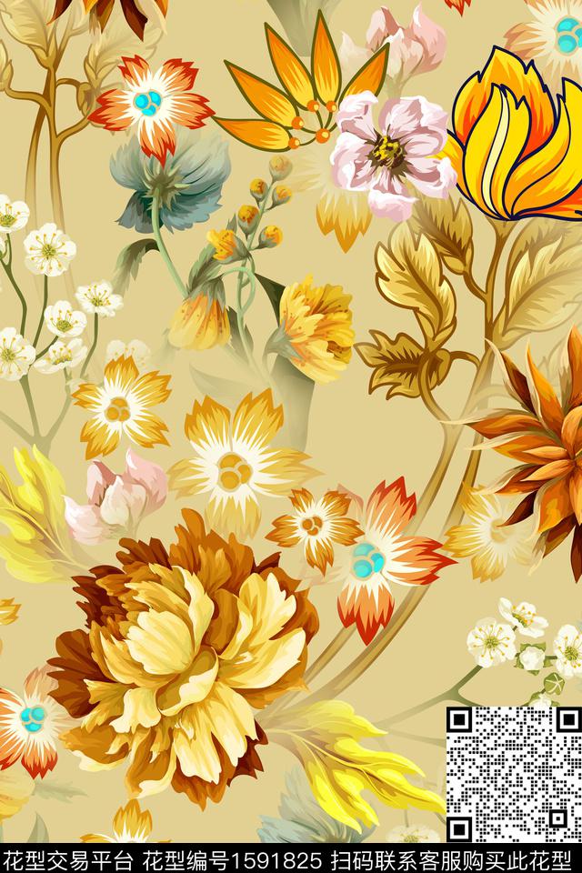 影花黑底花卉中老年花型数码印花花型下载（图片编号: 1591825） - 瓦栏（Walan）