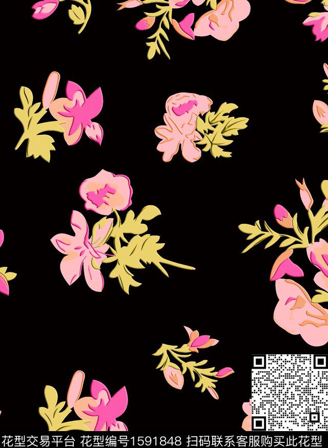 黑底花卉花卉抽象花卉数码印花花型下载（图片编号: 1591848） - 瓦栏（Walan）