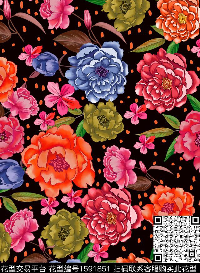 黑底花卉花卉水彩花卉数码印花花型下载（图片编号: 1591851） - 瓦栏（Walan）