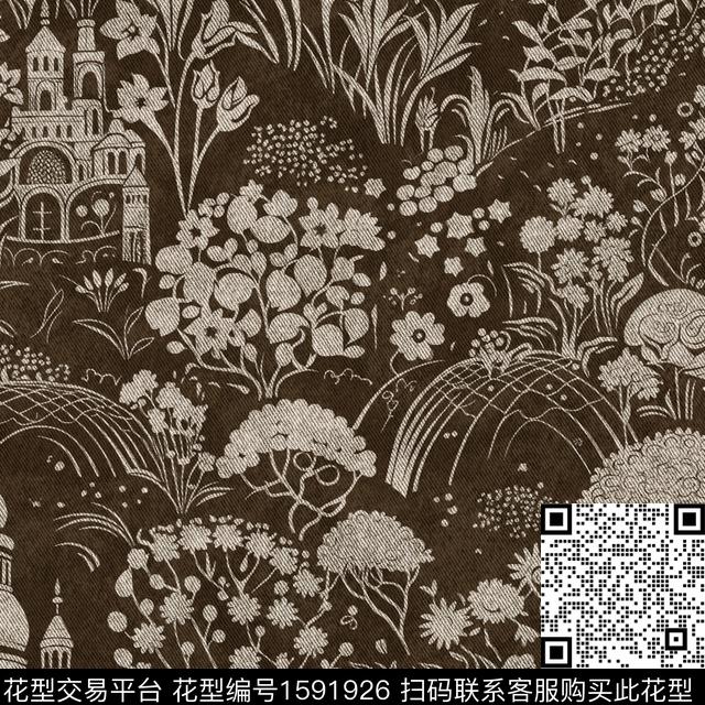 建筑牛仔花卉数码印花花型下载（图片编号: 1591926） - 瓦栏（Walan）