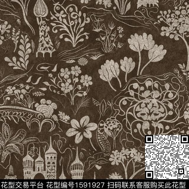 建筑牛仔花卉数码印花花型下载（图片编号: 1591927） - 瓦栏（Walan）