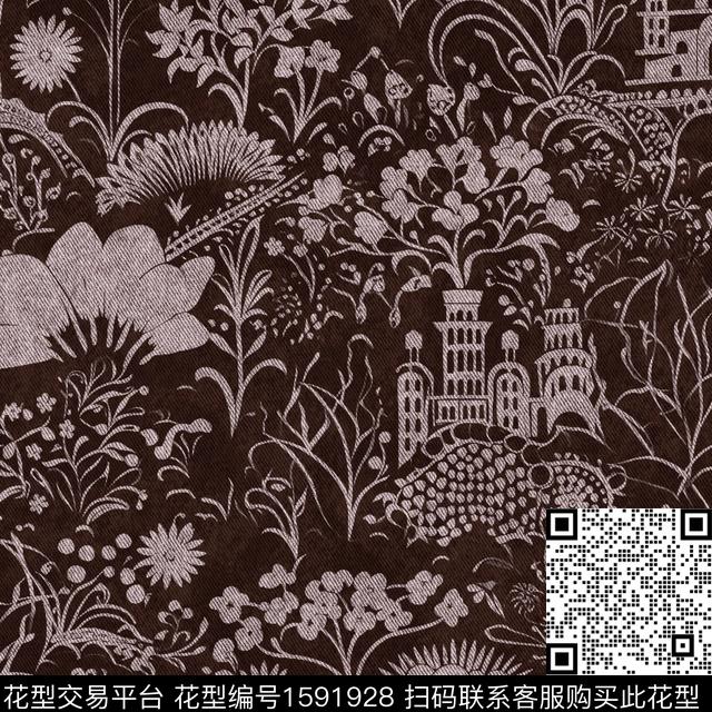 建筑牛仔花卉数码印花花型下载（图片编号: 1591928） - 瓦栏（Walan）