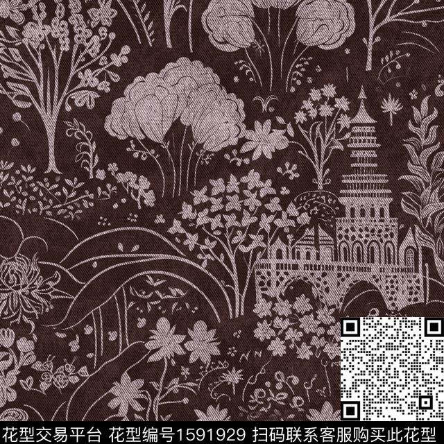 建筑牛仔花卉数码印花花型下载（图片编号: 1591929） - 瓦栏（Walan）