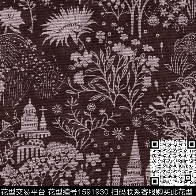 建筑牛仔花卉数码印花花型下载（图片编号: 1591930） - 瓦栏（Walan）