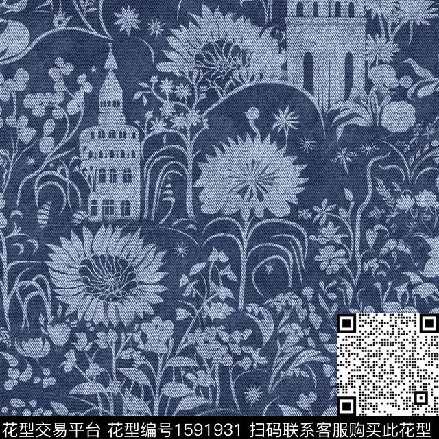 建筑牛仔花卉数码印花花型下载（图片编号: 1591931） - 瓦栏（Walan）