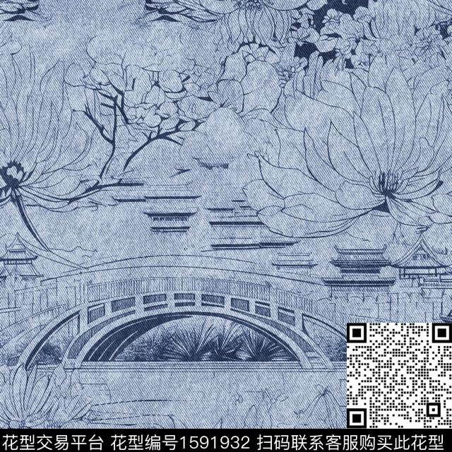 牛仔纹理亭台楼阁线条花卉数码印花花型下载（图片编号: 1591932） - 瓦栏（Walan）