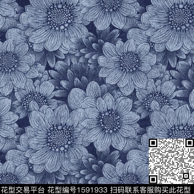 花卉牛仔线条花卉数码印花花型下载（图片编号: 1591933） - 瓦栏（Walan）