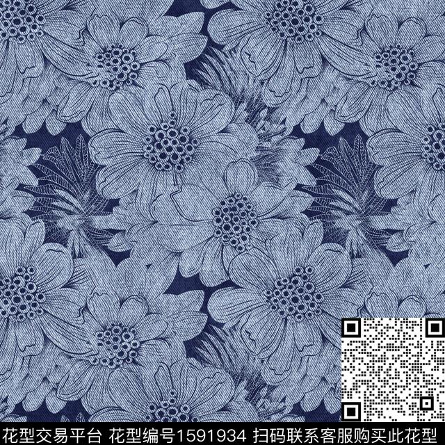 花卉牛仔线条花卉数码印花花型下载（图片编号: 1591934） - 瓦栏（Walan）