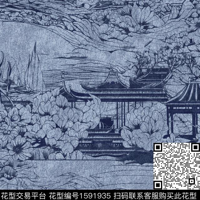 牛仔纹理亭台楼阁线条花卉数码印花花型下载（图片编号: 1591935） - 瓦栏（Walan）