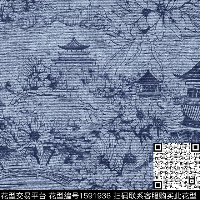 牛仔纹理亭台楼阁线条花卉数码印花花型下载（图片编号: 1591936） - 瓦栏（Walan）