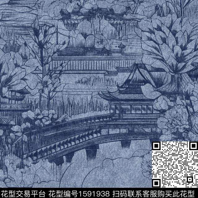 牛仔纹理亭台楼阁线条花卉数码印花花型下载（图片编号: 1591938） - 瓦栏（Walan）