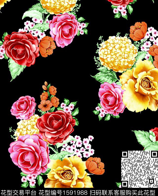 花卉黑底花卉水彩花卉数码印花花型下载（图片编号: 1591988） - 瓦栏（Walan）